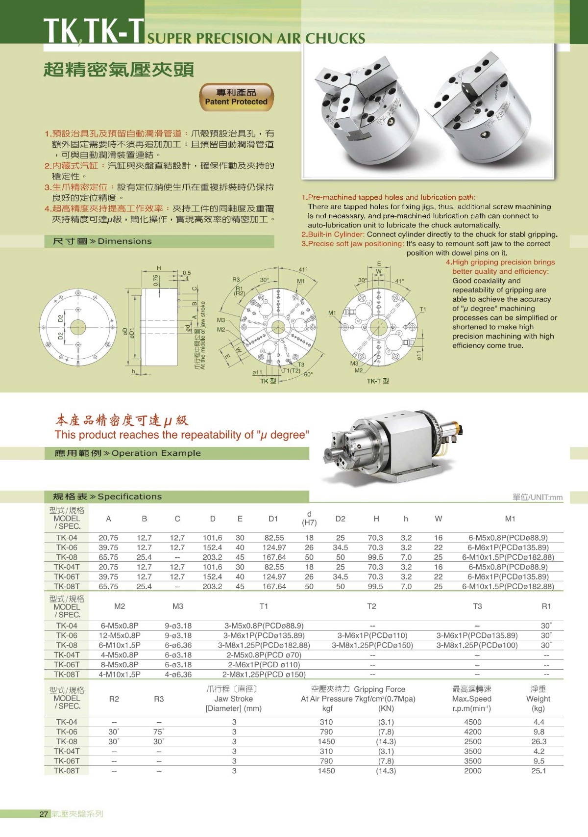 千島超精密三爪氣動卡盤參數表