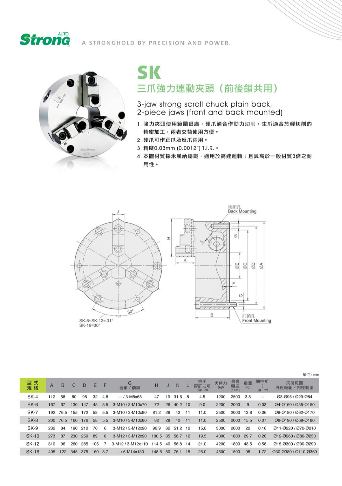億川手動三爪卡盤參數表