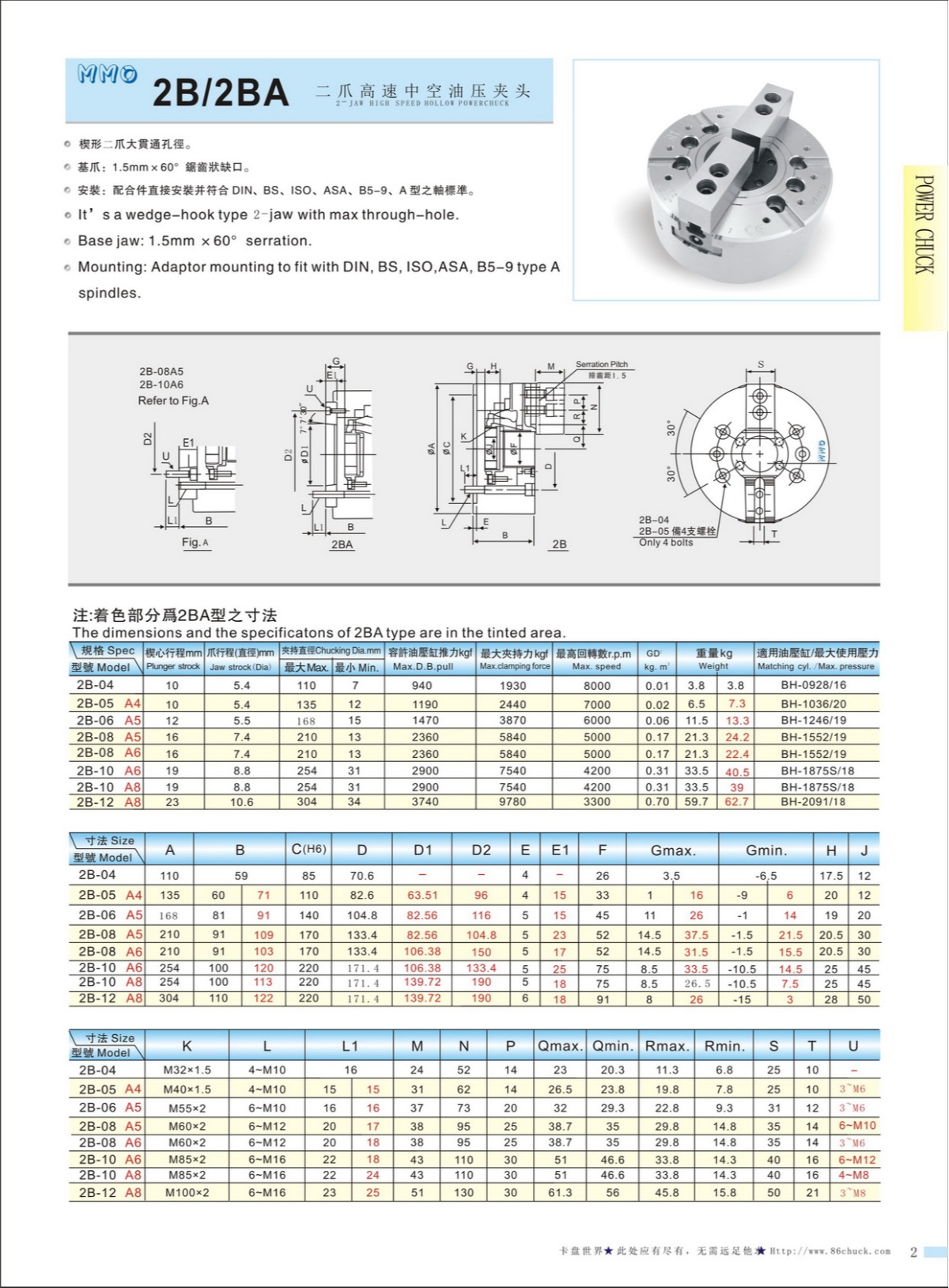 MMO二爪中空液壓卡盤參數表