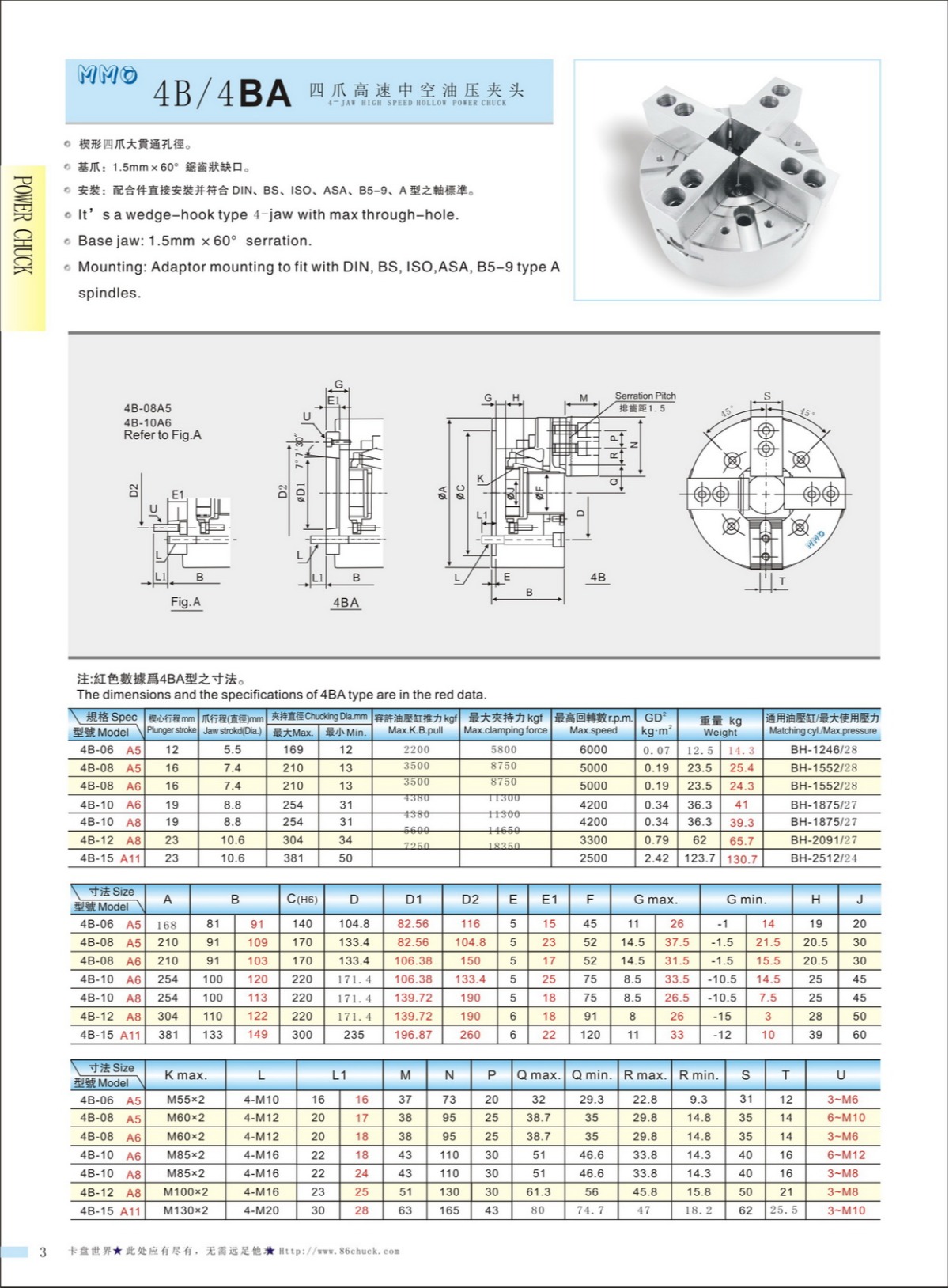 MMO四爪中空液壓卡盤參數表